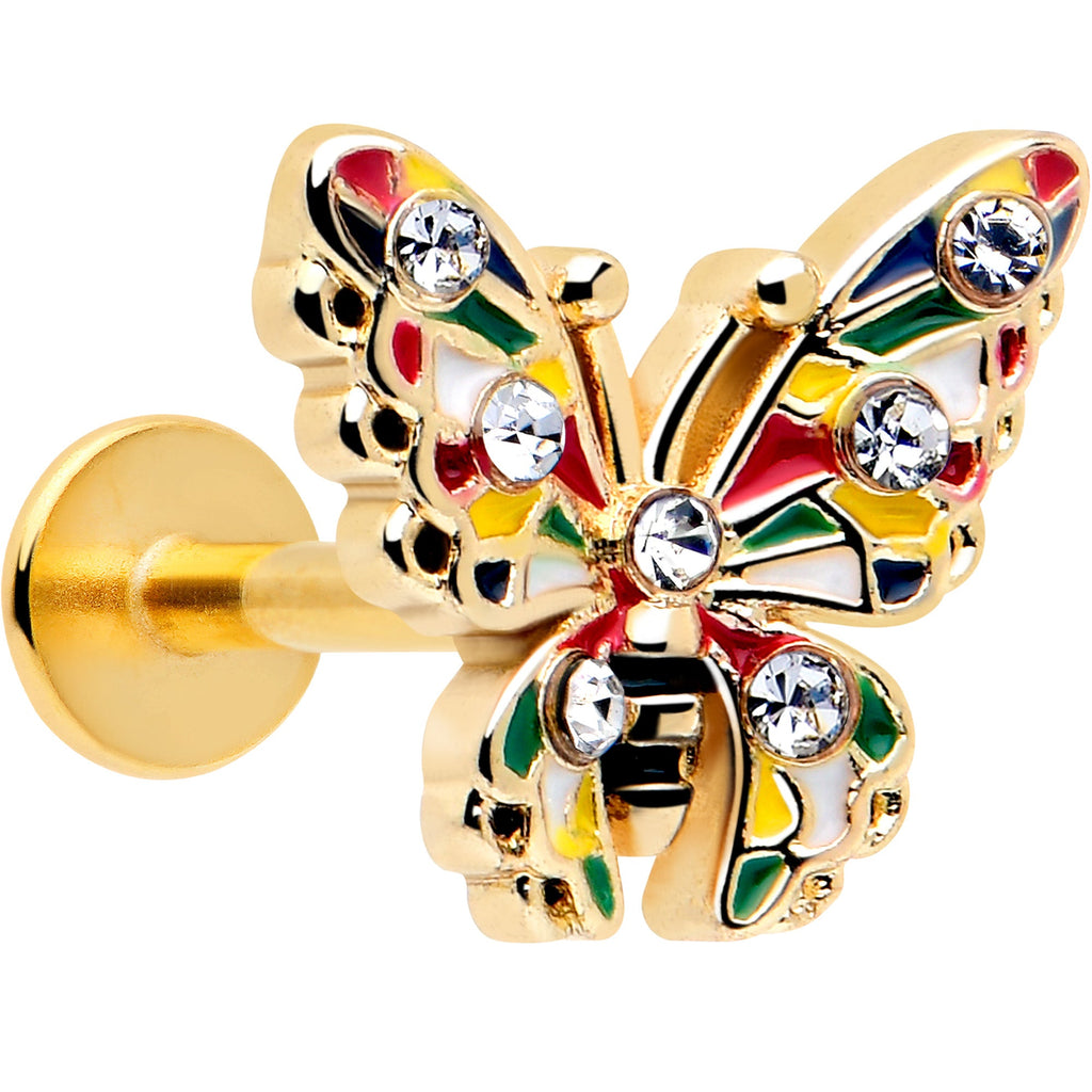 16G 1/4 Clear Gem Gold Tone Color Block Butterfly Labret