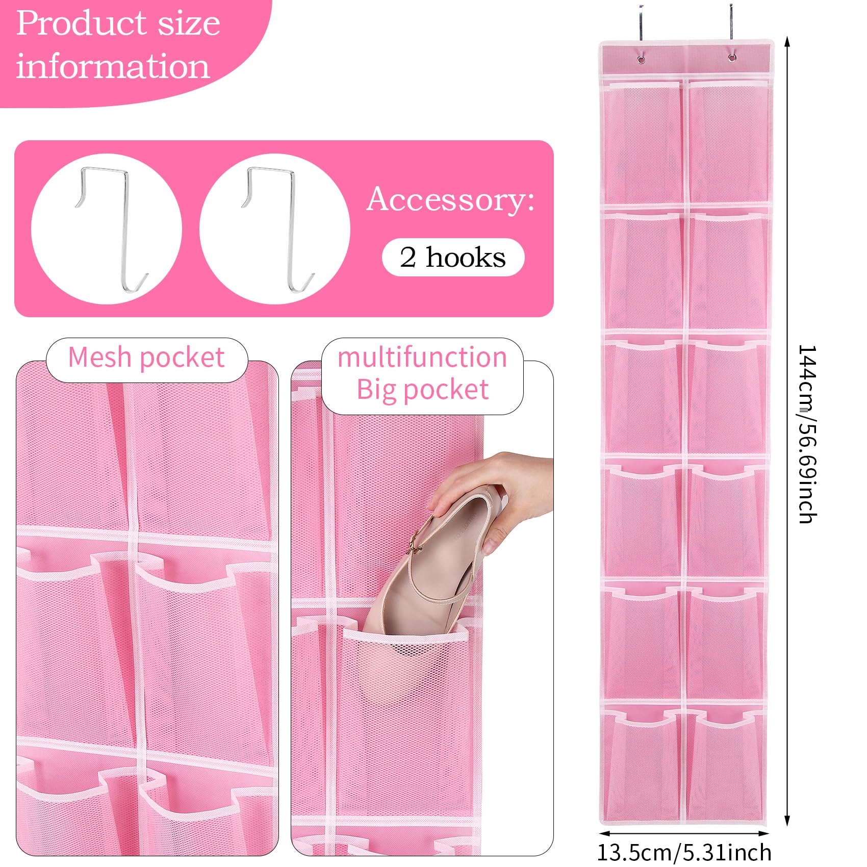 Shoe Organizer 12 Pockets — Hanging Storage Organizer, Pink