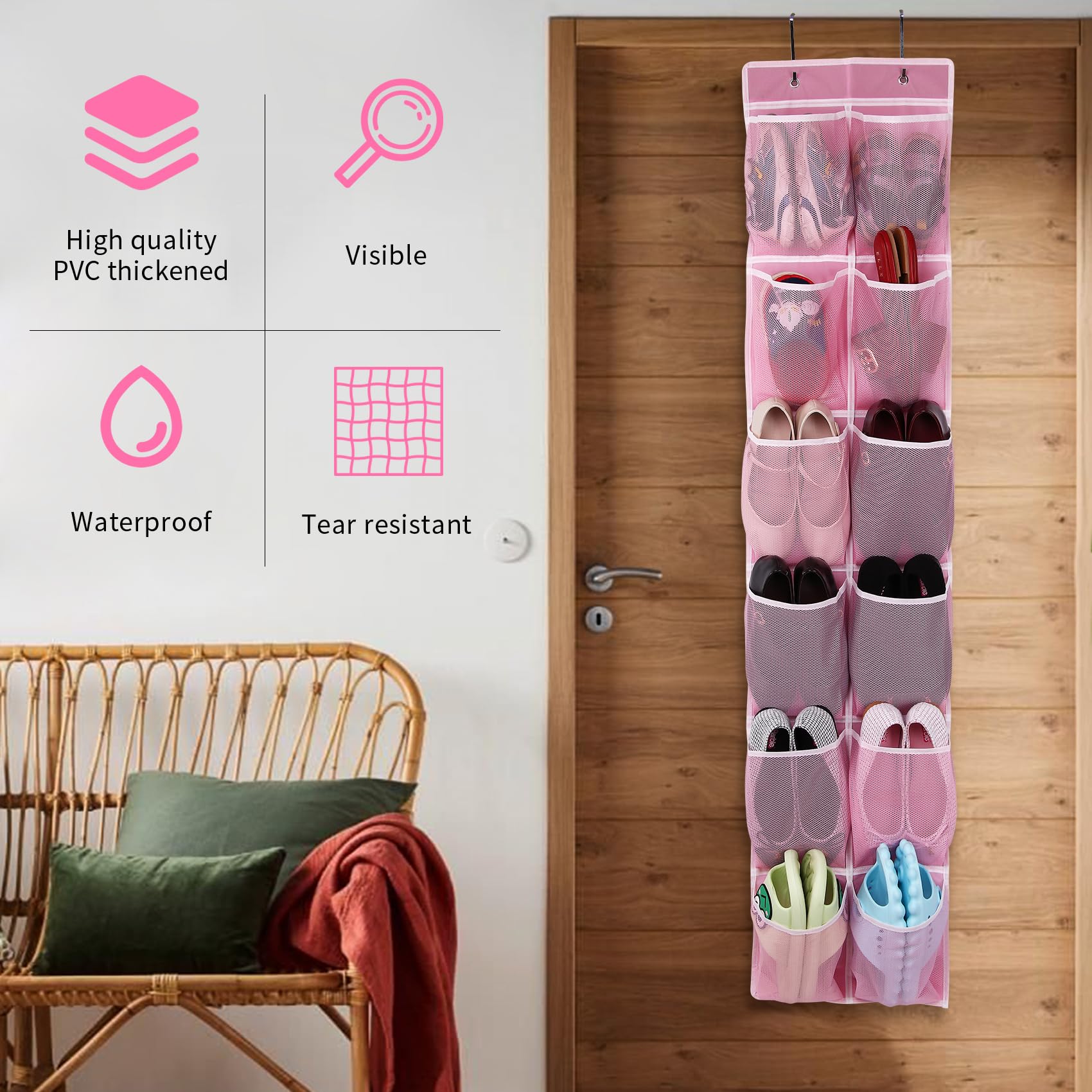 Shoe Organizer 12 Pockets — Hanging Storage Organizer, Pink
